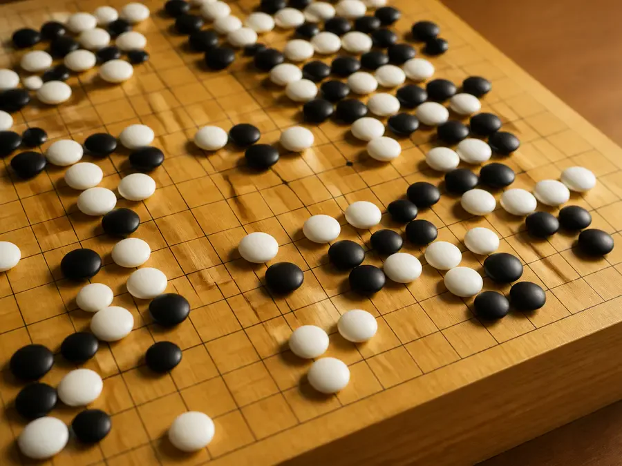 Black and white stones on a 9x9 Go board