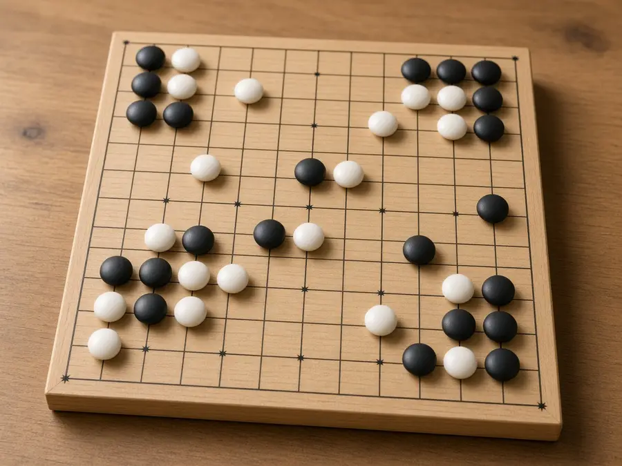 9路の盤に並んだ黒白の石。ブラウザでAIと打つ画面